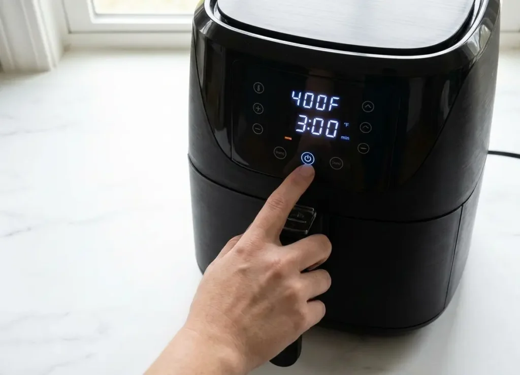 Preheating the Air Fryer
Close-up of a digital air fryer display on a marble counter showing 400°F and a 3-minute timer with a hand pressing the start button to preheat.