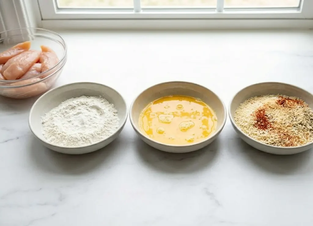 The Dredging Station
Overhead shot of three bowls containing flour, beaten egg, and seasoned breadcrumbs arranged in a row next to a bowl of raw chicken strips.
