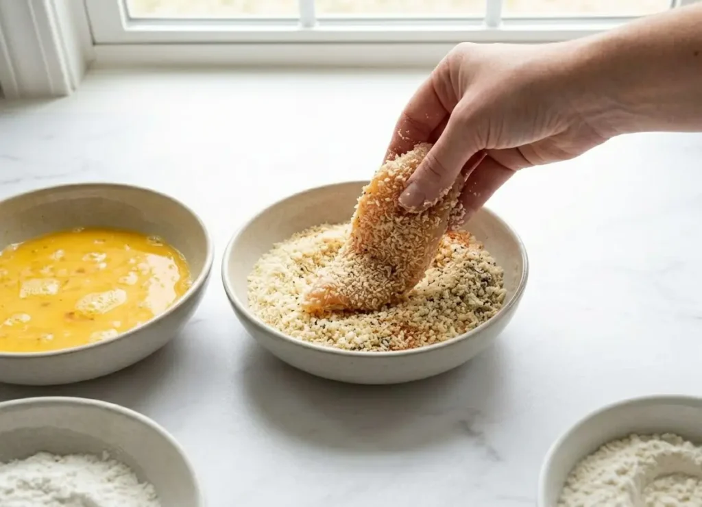 Action shot of a hand pressing a raw chicken tenderloin into a bowl of coarse panko breadcrumbs to ensure a thick, even coating.