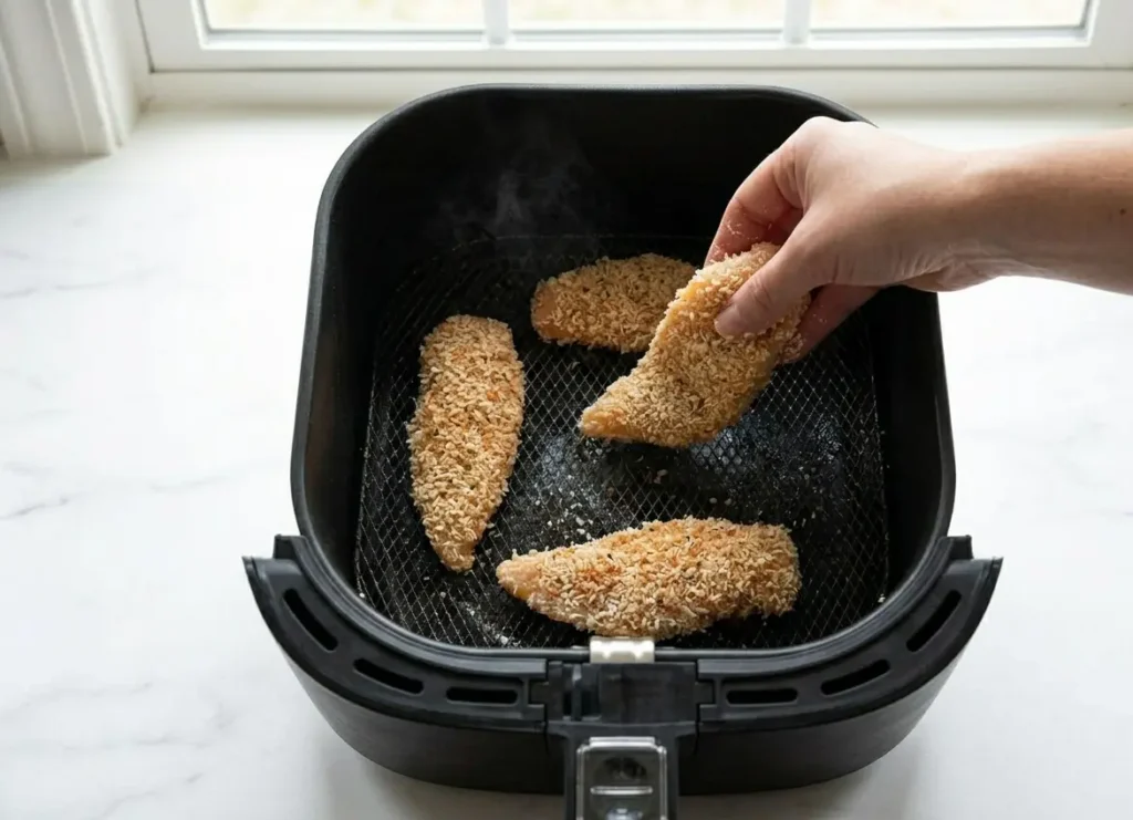 Overhead view of breaded chicken tenders arranged in a single layer with even spacing inside a black air fryer basket.