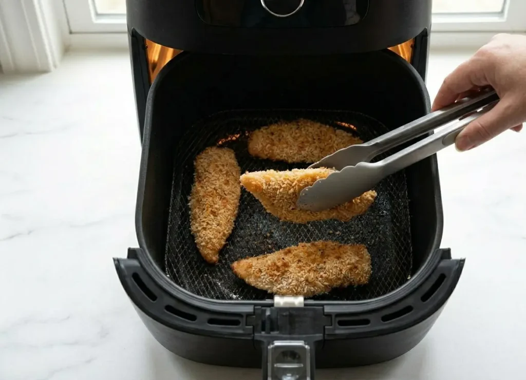 Close-up of golden-brown chicken tenders being flipped with kitchen tongs inside the air fryer basket halfway through the cooking cycle.