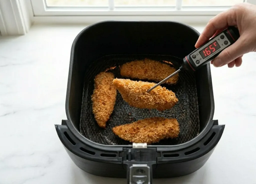 Hand inserting a digital meat thermometer into a crispy chicken tender inside the air fryer basket with the screen displaying a safe 165°F.