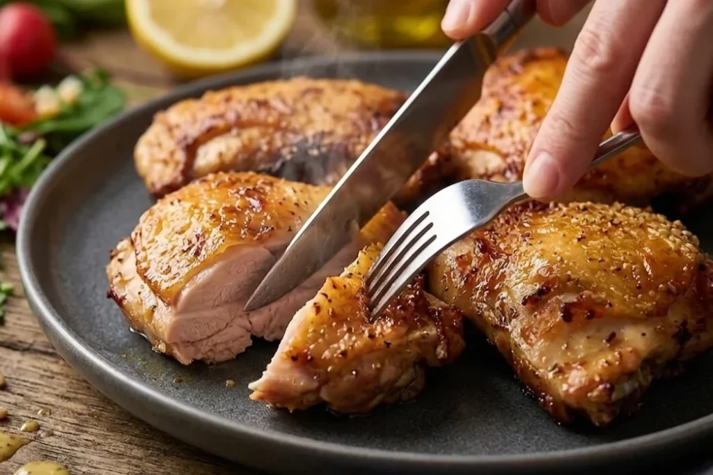 A close-up shot of a knife slicing into an air fryer bone-in chicken thigh, showcasing the crispy skin and tender, juicy meat inside.