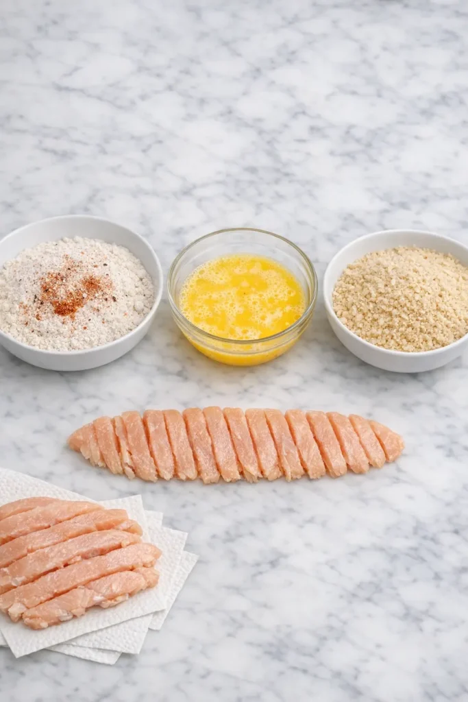 Raw chicken breast strips neatly sliced on a marble counter with three bowls containing seasoned flour, whisked eggs, and breadcrumbs for breading.