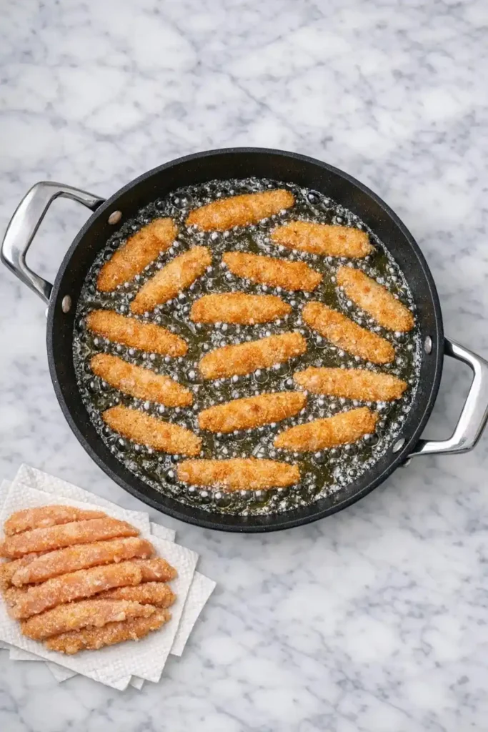 Breaded chicken fries frying in a large black skillet with bubbling hot oil until perfectly golden brown.