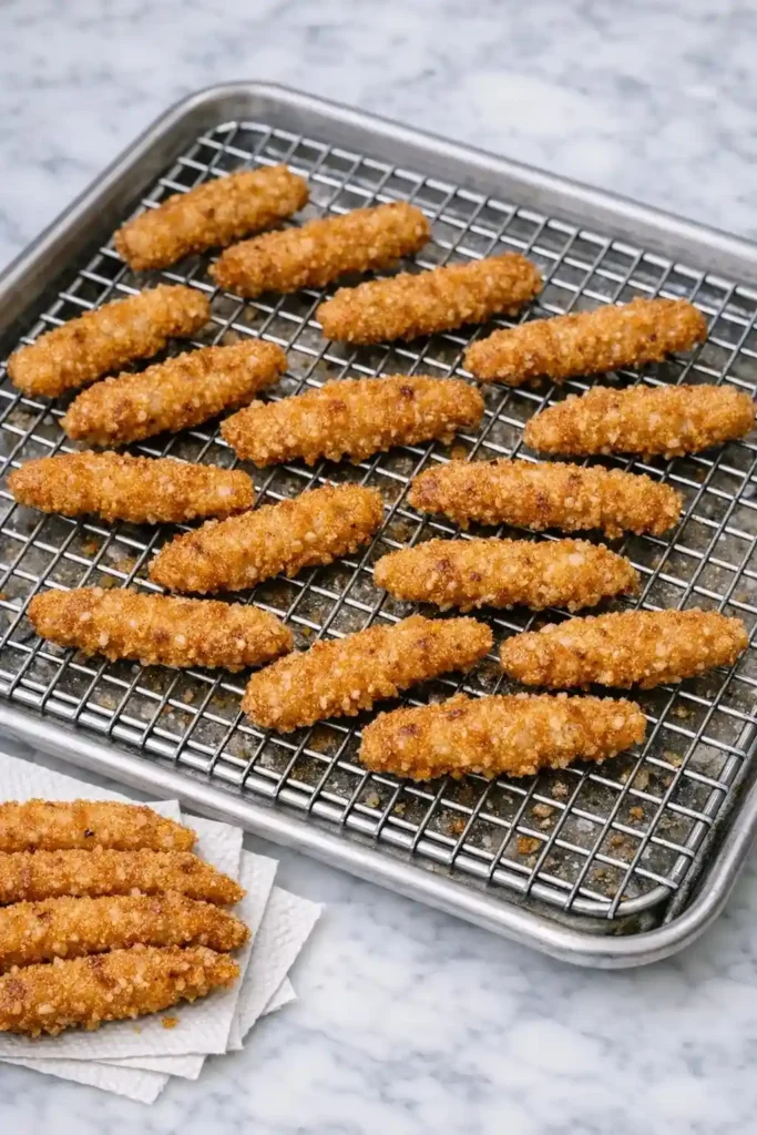 Golden brown crispy chicken fries resting on a stainless steel wire cooling rack to drain excess oil.