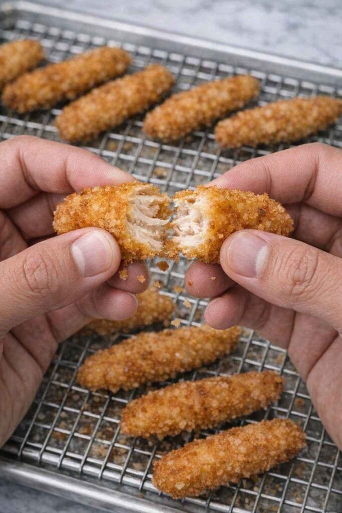 Close-up of a person's hands breaking open a crispy homemade chicken fry to reveal the juicy, tender white meat inside.