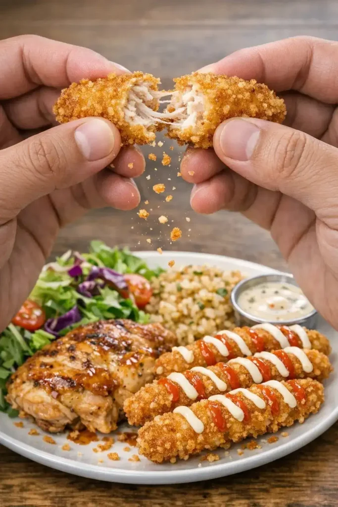 Hands pulling apart a crispy golden chicken fry with crumbs falling over a plated meal featuring drizzled chicken fries, grilled chicken, a fresh side salad, and dipping sauce.