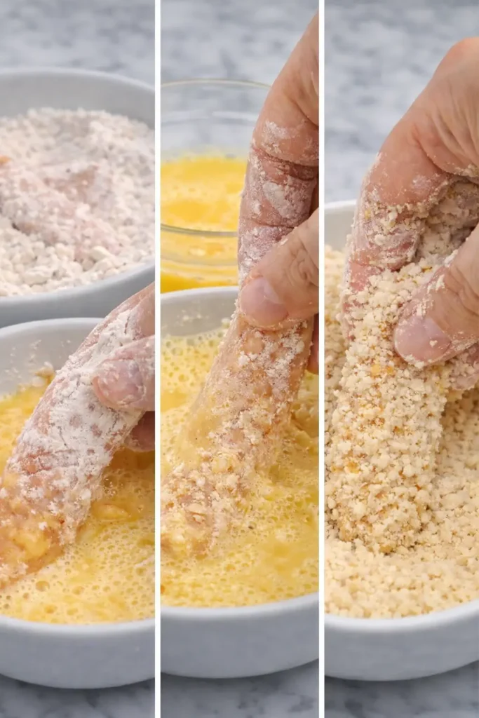 A three-panel collage showing the process of coating chicken fries: first in seasoned flour, then dipped in whisked egg wash, and finally coated in coarse breadcrumbs.