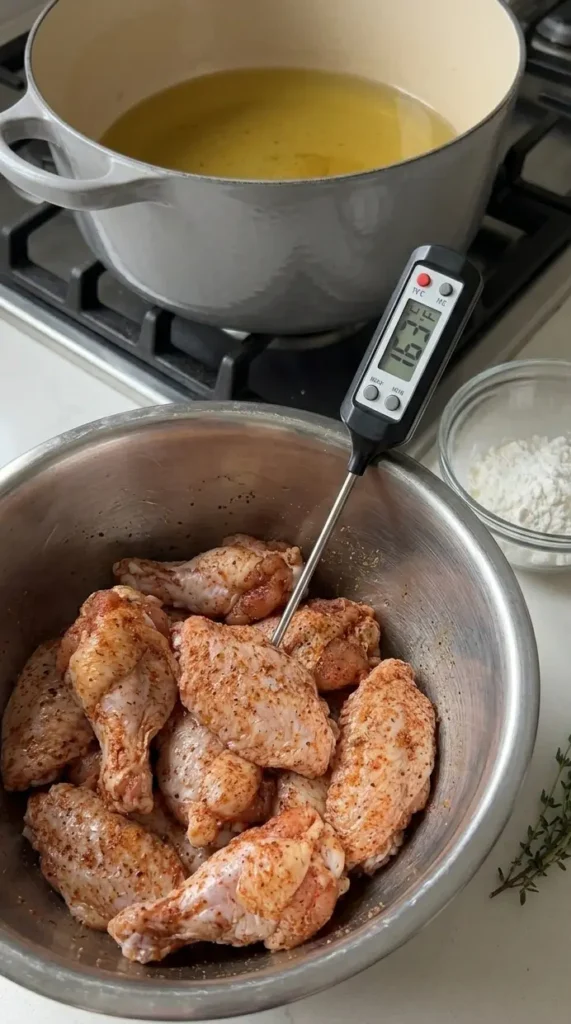 A metal bowl with seasoned chicken wings and a digital meat thermometer