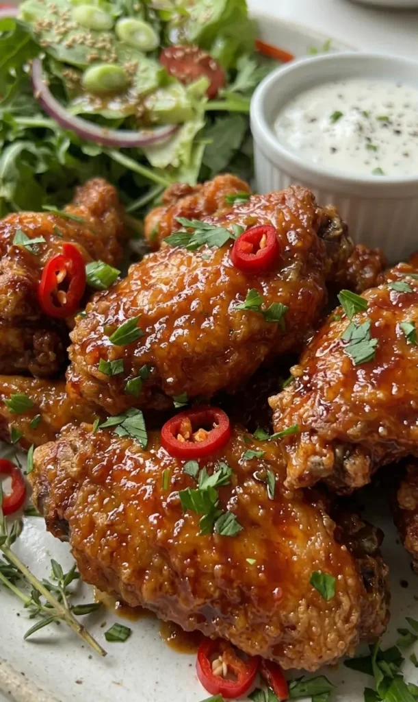 Close-up shot of saucy chicken wings garnished with herbs