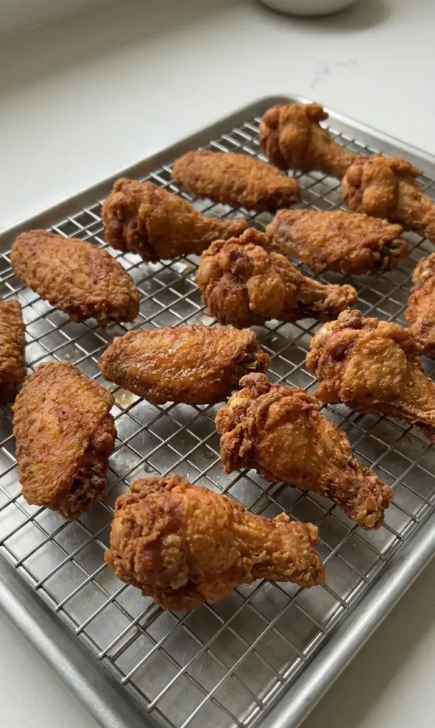 Golden crispy fried chicken wings draining on a wire rack