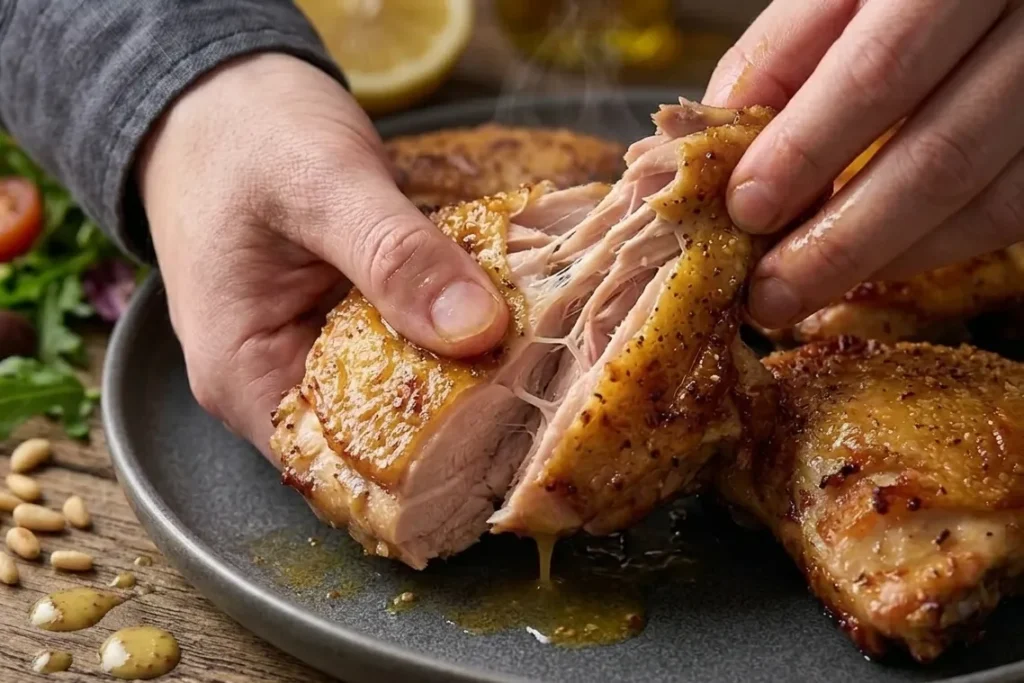 A top-down view of four golden, air fryer bone-in chicken thighs with crispy skin served on a dark gray plate alongside a fresh side salad.ipe Crispy Skin Serving