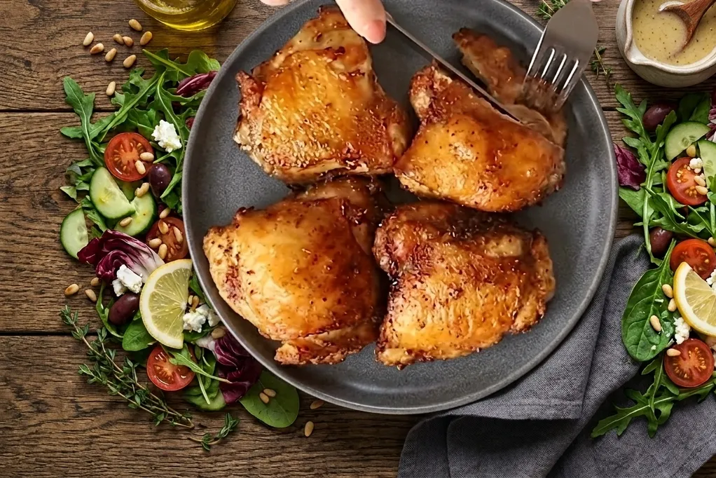 Crispy Air Fryer bone-in chicken thighs served on a white plate with mashed potatoes, steamed green beans, and a side of dipping sauce.