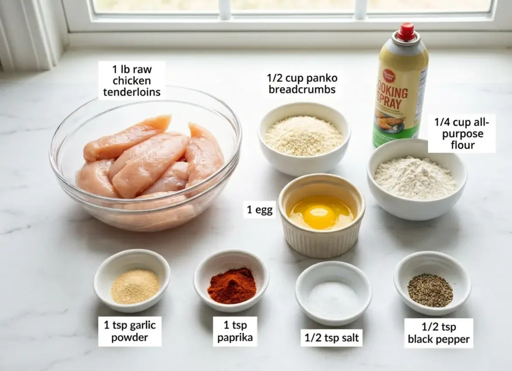 Overhead flat-lay of measured ingredients for air fryer chicken tenders including raw chicken, panko breadcrumbs, flour, beaten egg, and spices labeled on a white marble countertop.