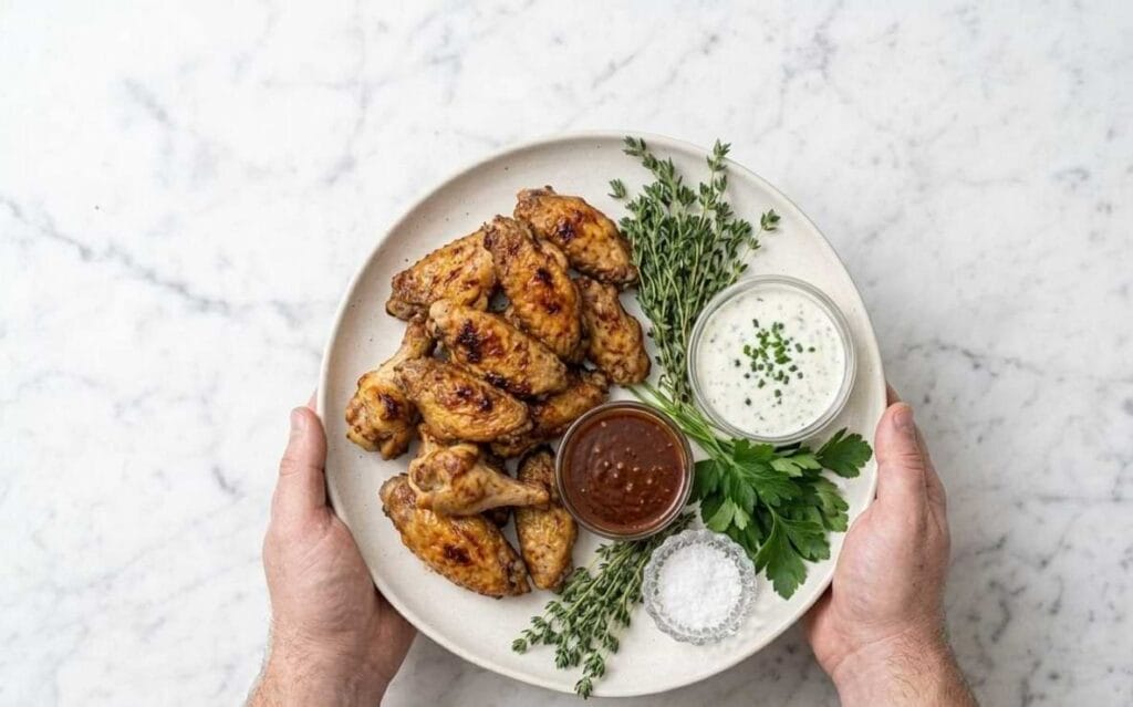 Best 25 Chicken Recipes (Easy, Quick+ Slow Cook) Top Delicious Meals 34 Golden air‑fried chicken wings served on a white plate with dipping sauces and fresh herbs.