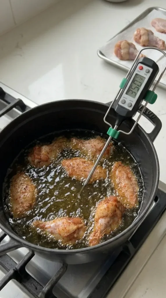 Chicken wings frying in hot oil inside a large pot