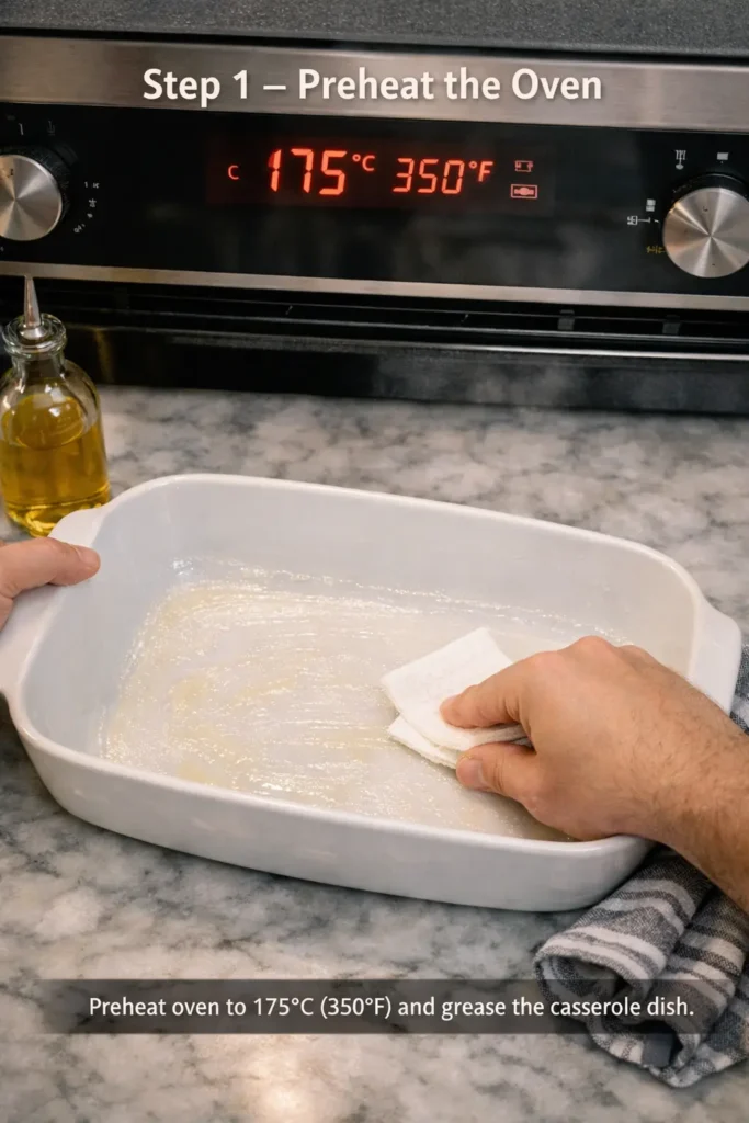 Close‑up of oven display showing 175°C (350°F) while hands grease a white casserole dish with oil.