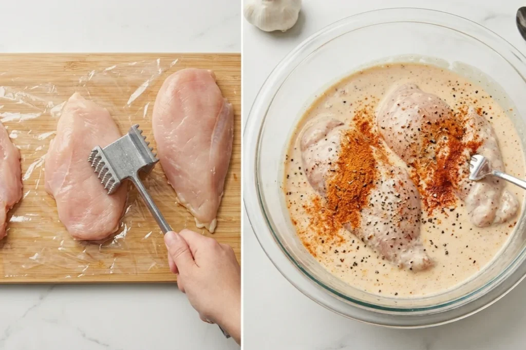 Hot Honey Chicken Sandwich | Crispy & Better ThanTakeout 9 This image shows two raw chicken breasts. One is being pounded with a meat mallet. The other is submerged in a bowl of buttermilk and spices.