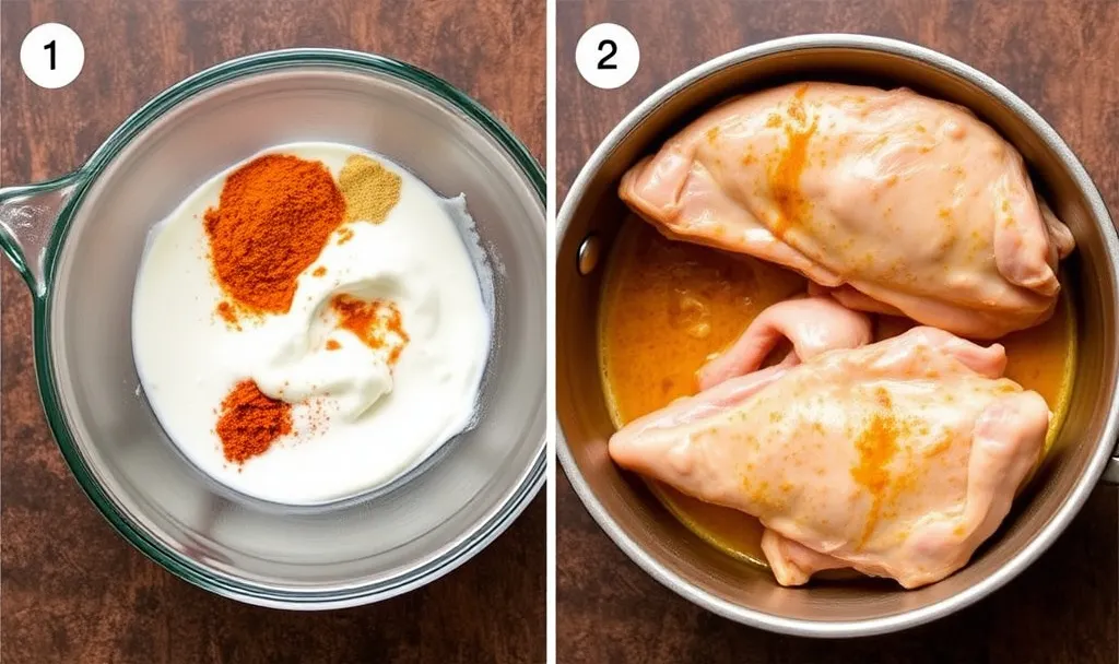 Yogurt and Indian spices like paprika and garam masala in a glass bowl for chicken butter makhani marinade