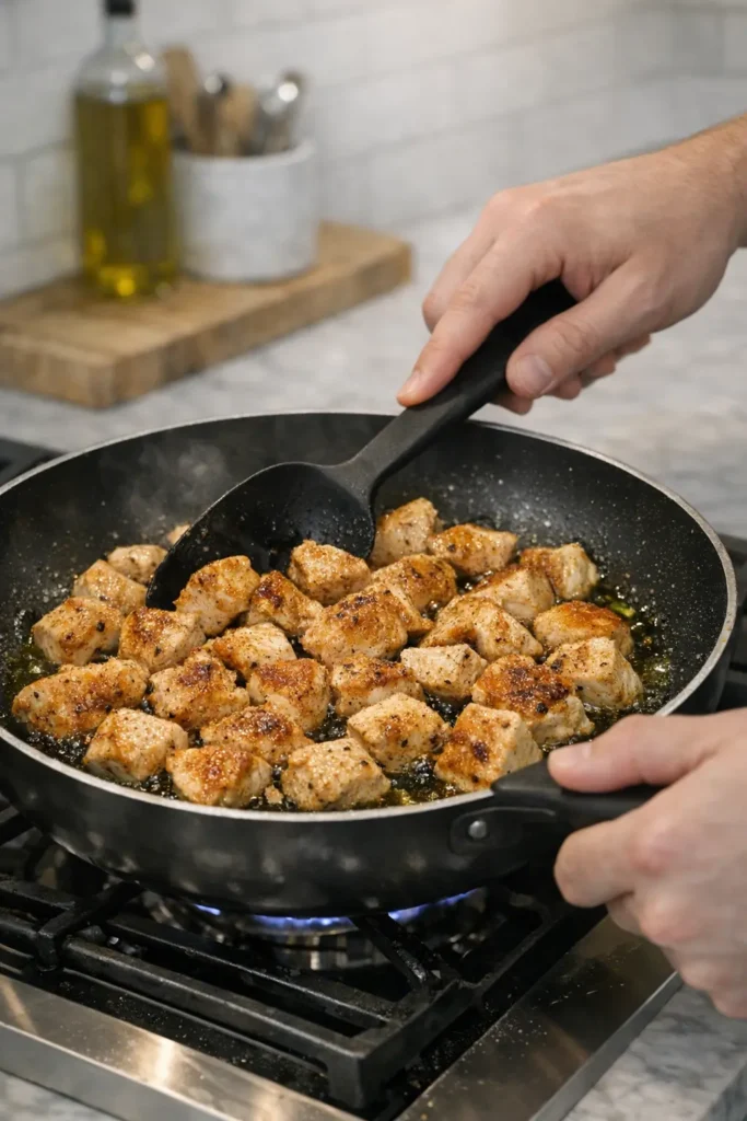 Close‑up of hands cooking cubed chicken in a skillet with olive oil on a marble‑counter kitchen background.