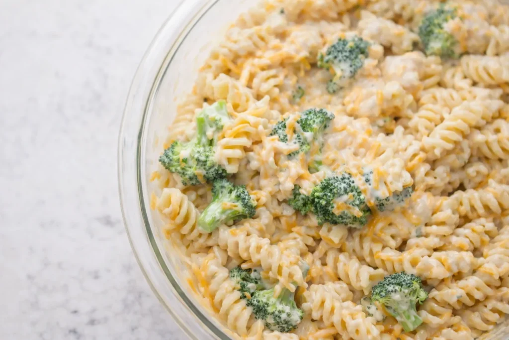 Top-down view of a freshly baked Select Chicken Noodle Casserole with melted cheese and broccoli.