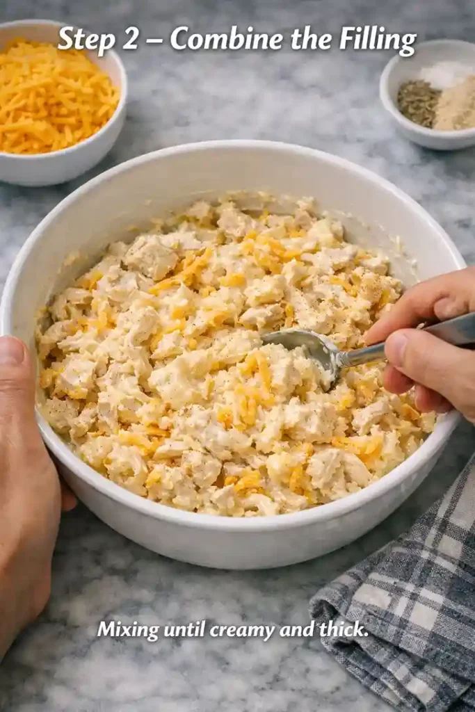 Close‑up of hands mixing shredded chicken, sour cream, cream of chicken soup, cheddar cheese, garlic powder, salt, and pepper in a large white bowl.