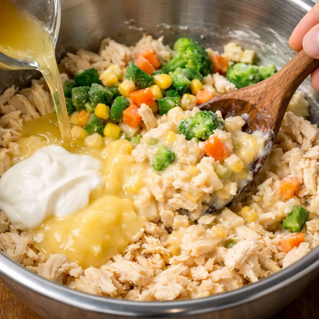 Chicken and Stuffing Casserole Recipe: Easy Creamy Weeknight Dinner 8 Cream of chicken soup and sour cream being mixed together in a bowl with a whisk until smooth.