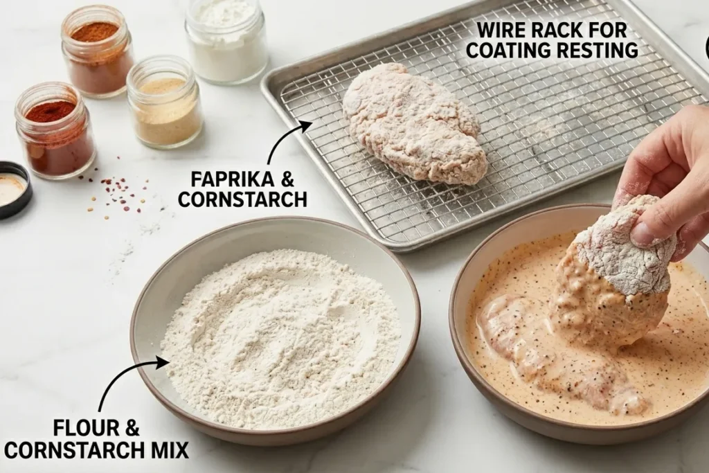 Hot Honey Chicken Sandwich | Crispy & Better ThanTakeout 10 A close-up view of the two-step coating process. A hand is dipping a chicken breast into a flour and cornstarch mixture. A piece of fully coated chicken is resting on a wire rack