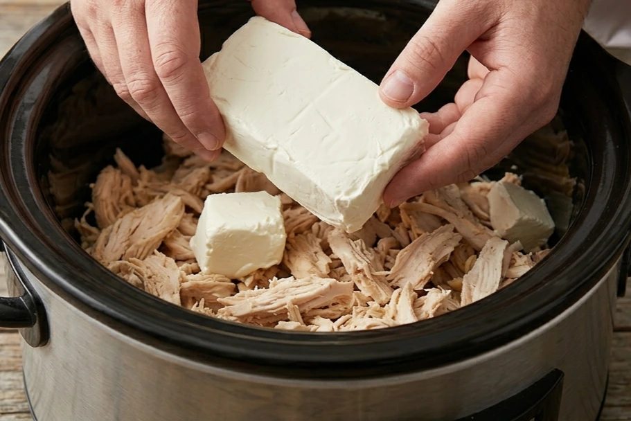 Slow Cooker Buffalo Chicken Dip Recipe: You Can't Resist It 10 A person placing a block of softened cream cheese over a layer of shredded chicken inside a stainless steel slow cooker