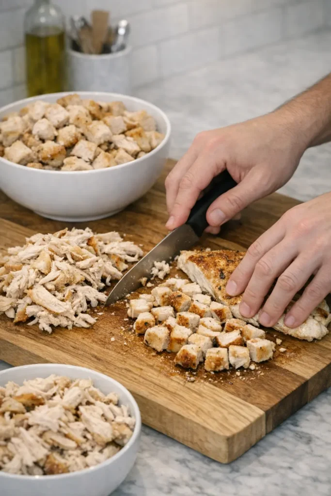 Close‑up of hands shredding pre‑cooked chicken breast on a wooden cutting board beside a bowl of cubed chicken in a marble‑counter kitchen.