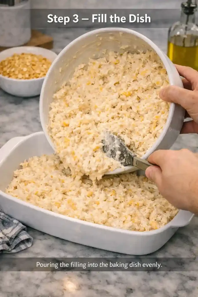 Close‑up of hands pouring creamy chicken casserole filling into a white baking dish, spreading evenly with a spatula.