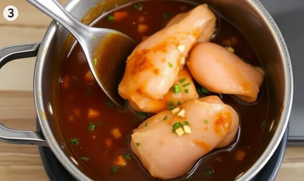 Chicken pieces in a pot topped with rich tomato sauce, minced garlic, and chopped green herbs