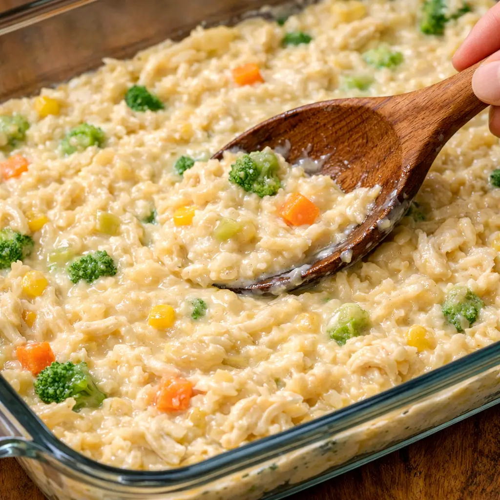 Chicken and Stuffing Casserole Recipe: Easy Creamy Weeknight Dinner 9 Pouring creamy soup mixture over chicken pieces in casserole dish, coating them evenly before adding stuffing.