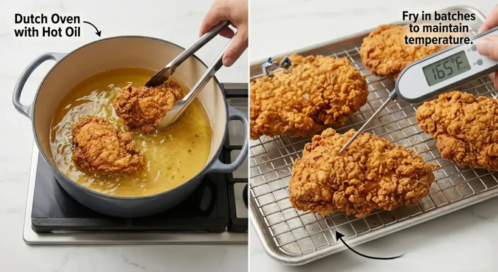 Hot Honey Chicken Sandwich | Crispy & Better ThanTakeout 11 A split-screen image. One side shows chicken frying in hot oil. The other side shows a piece of fried chicken being measured with a food thermometer and resting on a wire rack