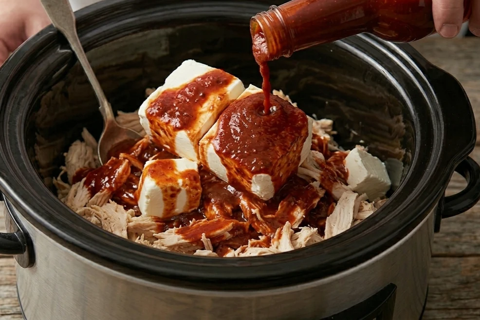 Slow Cooker Buffalo Chicken Dip Recipe: You Can't Resist It 11 Rich orange buffalo hot sauce being poured from a bottle directly over cream cheese and chicken in a slow cooker.