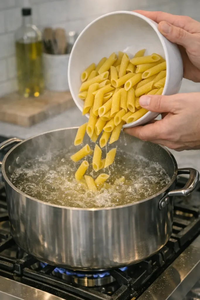 Close‑up of hands adding penne pasta into a pot of boiling salted water on a marble‑counter kitchen stove.