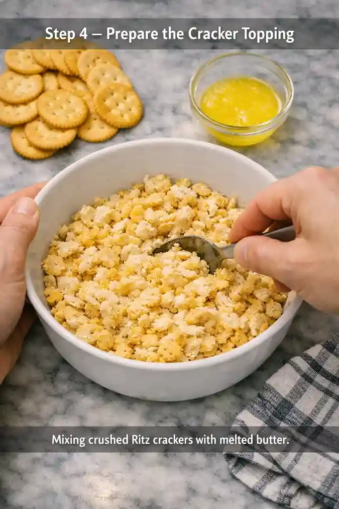 Close‑up of hands mixing crushed Ritz crackers with melted butter in a white bowl.