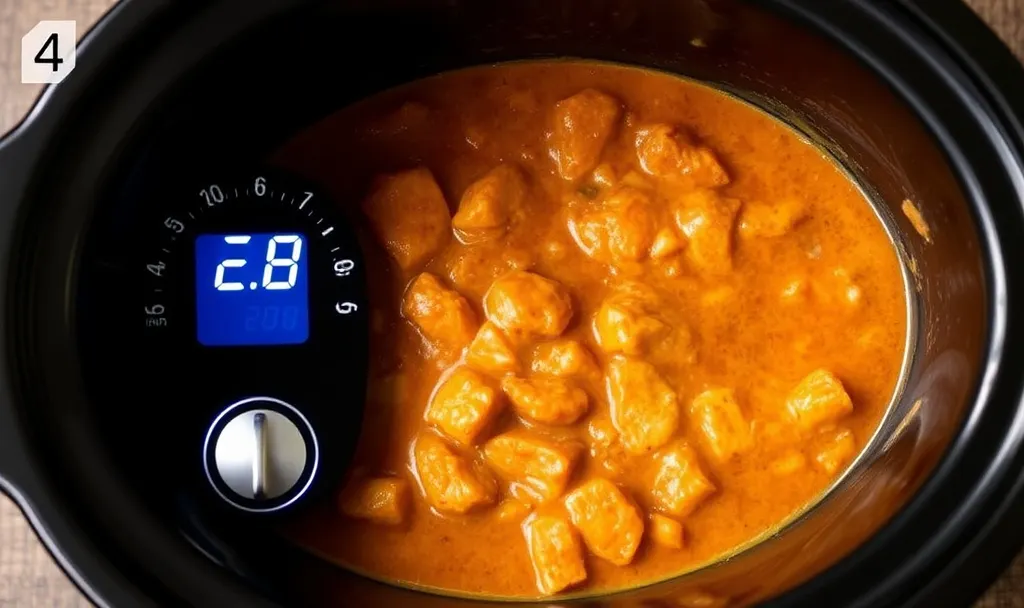 Butter makhani sauce ingredients including tomato puree, cream, a cube of butter, and spices inside a slow cooker
