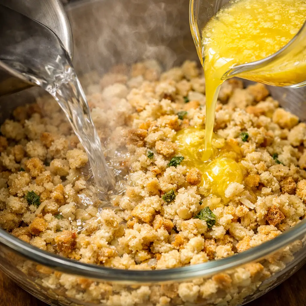 Chicken and Stuffing Casserole Recipe: Easy Creamy Weeknight Dinner 10 Pouring boiling water and melted butter into Stove Top Stuffing mix inside a bowl, steam rising as breadcrumbs absorb liquid.