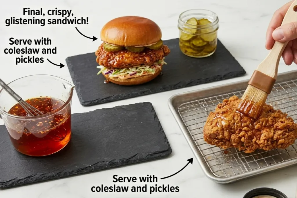 Hot Honey Chicken Sandwich | Crispy & Better ThanTakeout 12 This image shows the final steps. A hand is brushing the honey glaze onto the fried chicken. A bowl of hot honey sauce and the final assembled sandwich are also pictured.