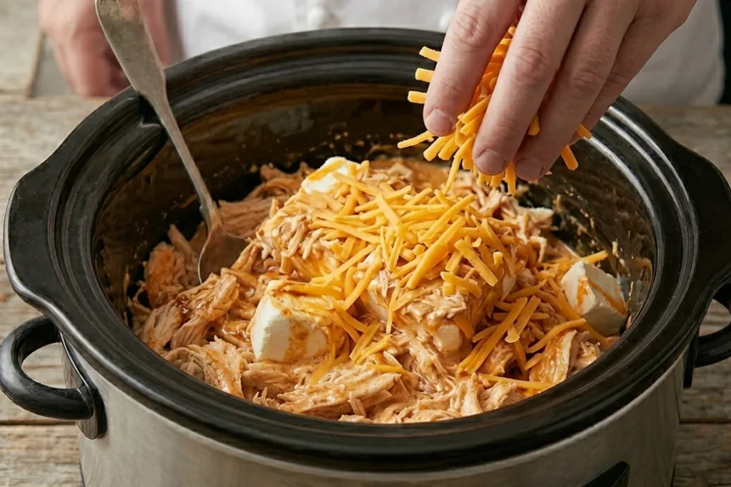 Slow Cooker Buffalo Chicken Dip Recipe: You Can't Resist It 12 A hand sprinkling a generous amount of shredded cheddar and mozzarella cheese into the crockpot mixture