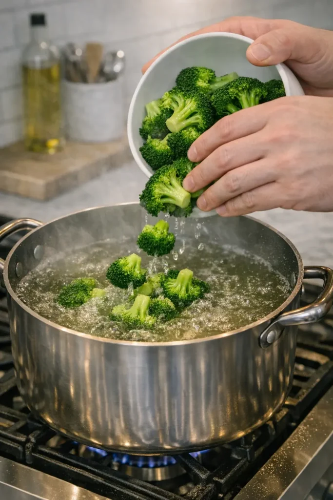 Close‑up of hands adding bright green broccoli florets into a pot of boiling water on a marble‑counter kitchen stove.