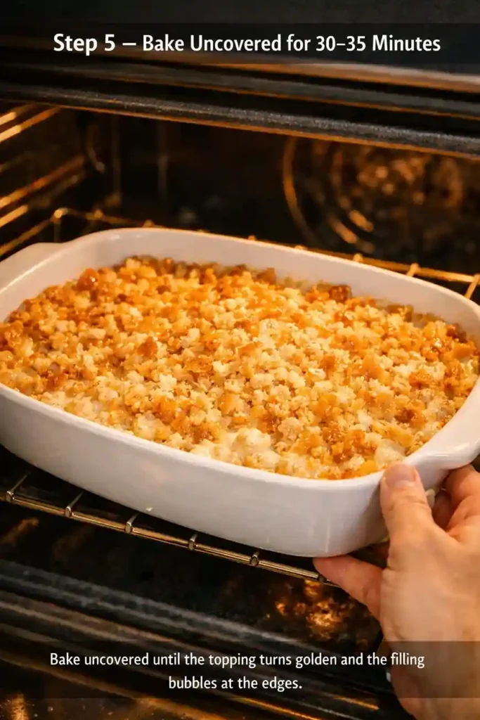 Close‑up of a white casserole dish baking uncovered in the oven, golden cracker topping bubbling around the edges.