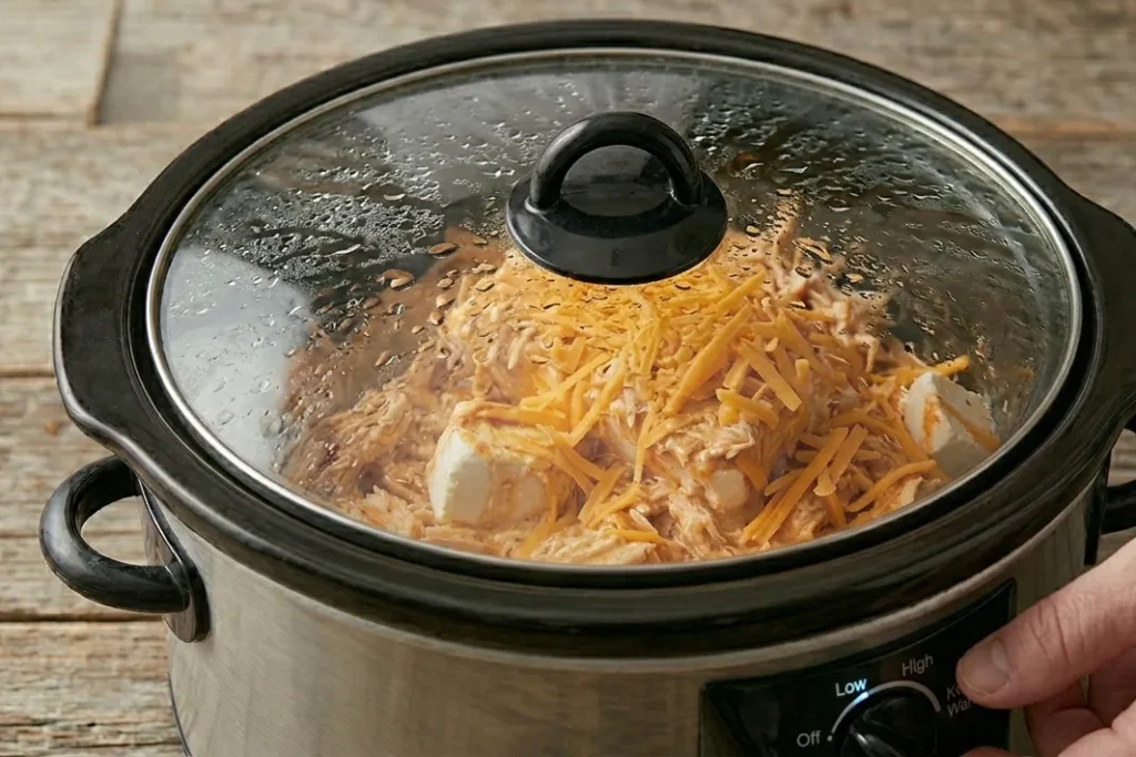 Slow Cooker Buffalo Chicken Dip Recipe: You Can't Resist It 13 A slow cooker covered with its glass lid showing the cheese melting inside over the buffalo chicken dip mixture.