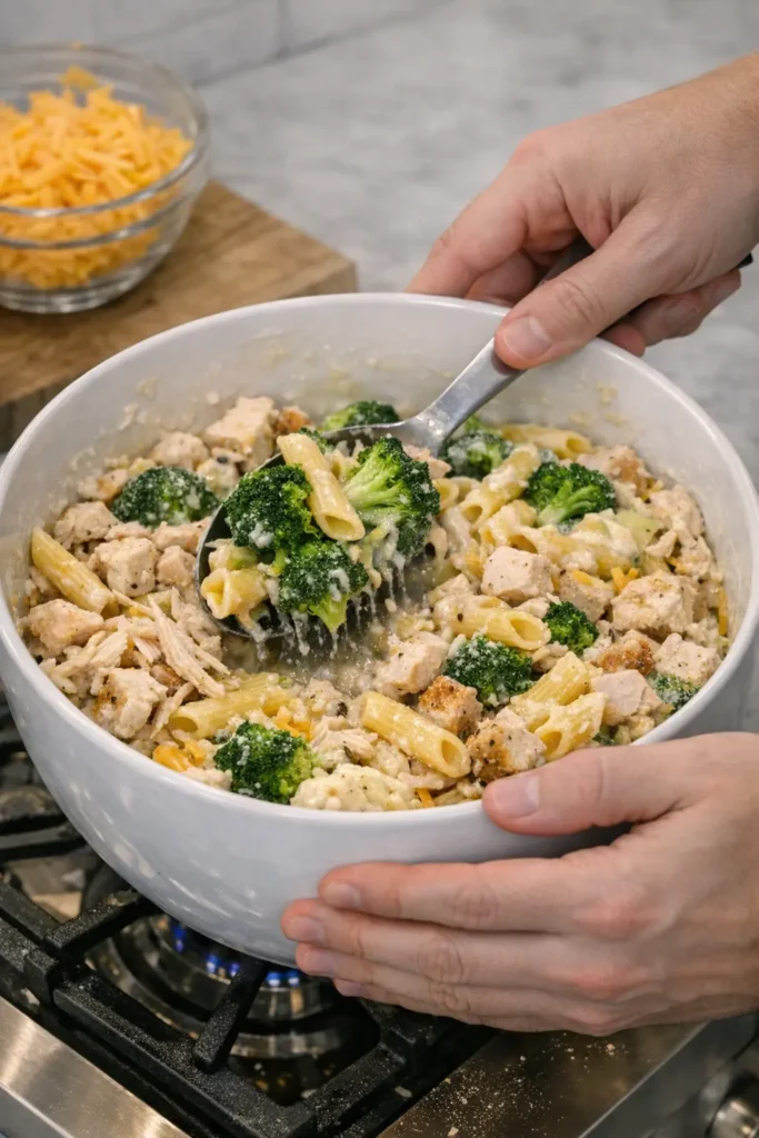 Close‑up of hands mixing cooked chicken, pasta, broccoli, sour cream, cream of chicken soup, and cheddar cheese in a large white bowl.