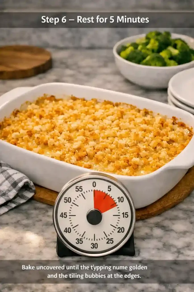Close‑up of a freshly baked chicken casserole resting for 5 minutes before serving, golden Ritz cracker topping bubbling slightly at the edges.