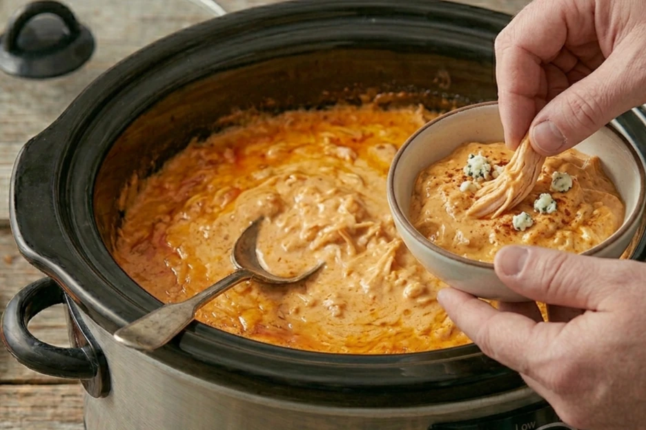 Slow Cooker Buffalo Chicken Dip Recipe: You Can't Resist It 14 A wooden spoon stirring a bubbling, creamy orange buffalo chicken dip inside a slow cooker with steam rising
