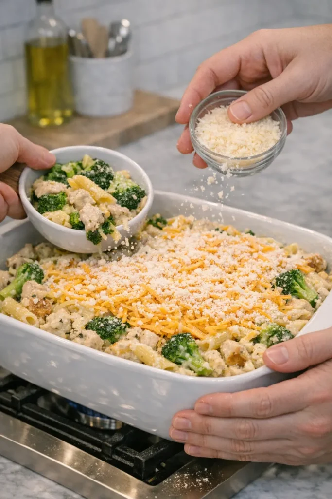 Close‑up of hands pouring casserole mixture into a greased white baking dish and sprinkling cheddar and Parmesan cheese on top.
