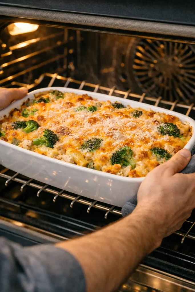 Close‑up of hands sliding a white casserole dish into the oven, cheese bubbling at the edges and top golden brown.